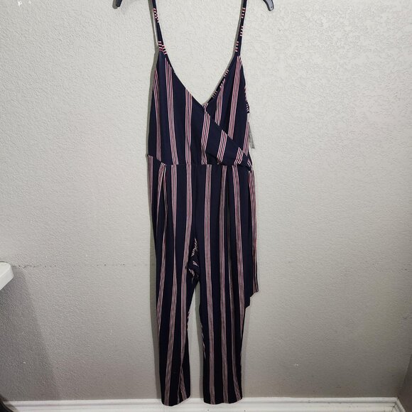 No Boundaries Jumpsuit Womens Juniors XXL 19 Navy Blue Stripe V-Neck Wide Leg - Picture 1 of 13
